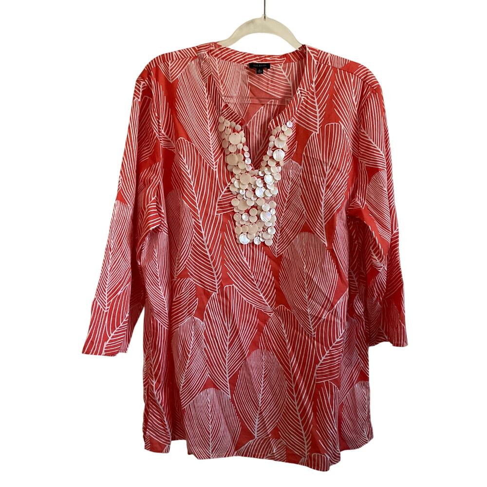 Talbots Tropical Leaf Printed‎ Orange 3/4 Sleeve Tunic with Beading - Size XL